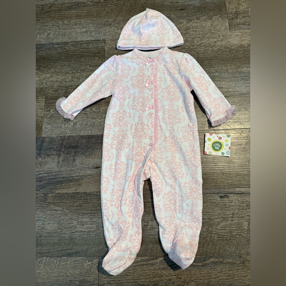 Little Me Pink Patterned Footie and Hat Set